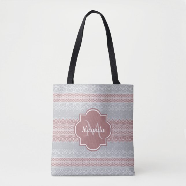 Tote Bag Gris chic et rose cinglé rayures et monogramme (Devant)