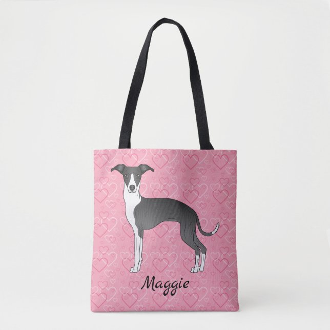 Tote Bag Gris Italien Noir Et Blanc Sur Coeurs Rose (Devant)