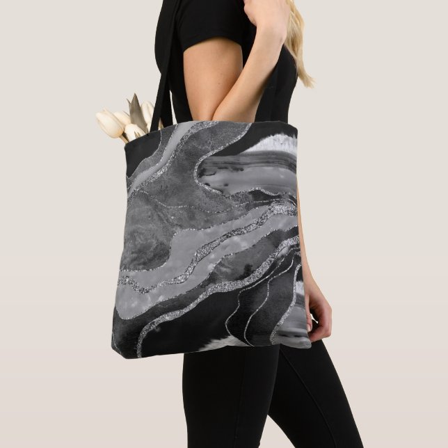 Tote Bag Gris Noir Marbre Blanc Agate Parties scintillant A (De près)