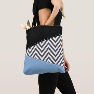Tote Bag Gris Zigzag, Gris Chevron, Motif Zigzag, Bleu