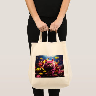 Tote Bag  Grocery Bag with Cat Illustration 