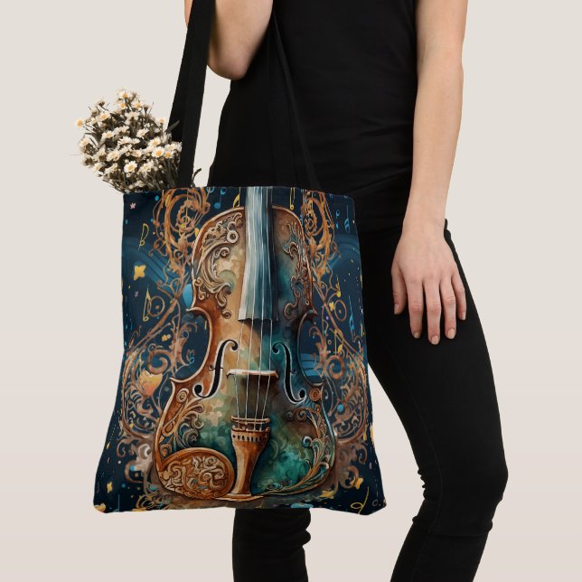 Tote Bag Gros Fourre-tout de violon bleu et or cosmique (De près)