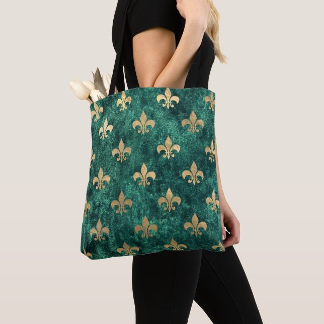 Tote Bag Grunge Green Velvet Fleur De Lis Mardi Gras (De près)