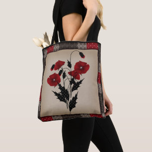 Tote Bag Grunge oldish retro vintage poppies red flowers