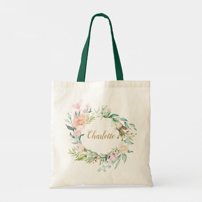 Tote Bag Guirlande de roses nom personnalisé Script  (Dos)