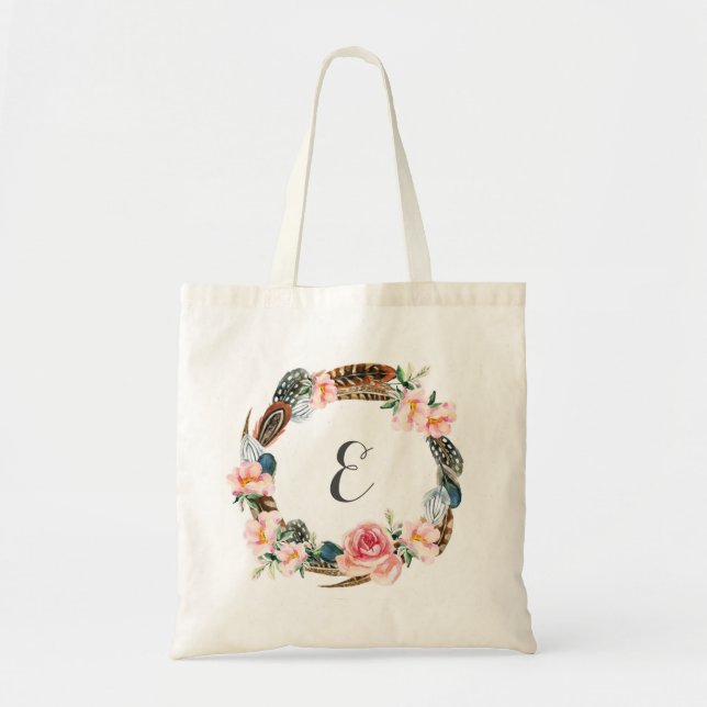 Tote Bag Guirlande florale d'aquarelle avec le monogramme (Devant)