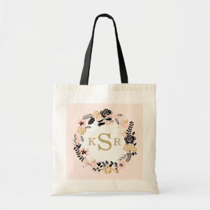 Tote Bag Guirlande florale d'or noir rose de pêche décor
