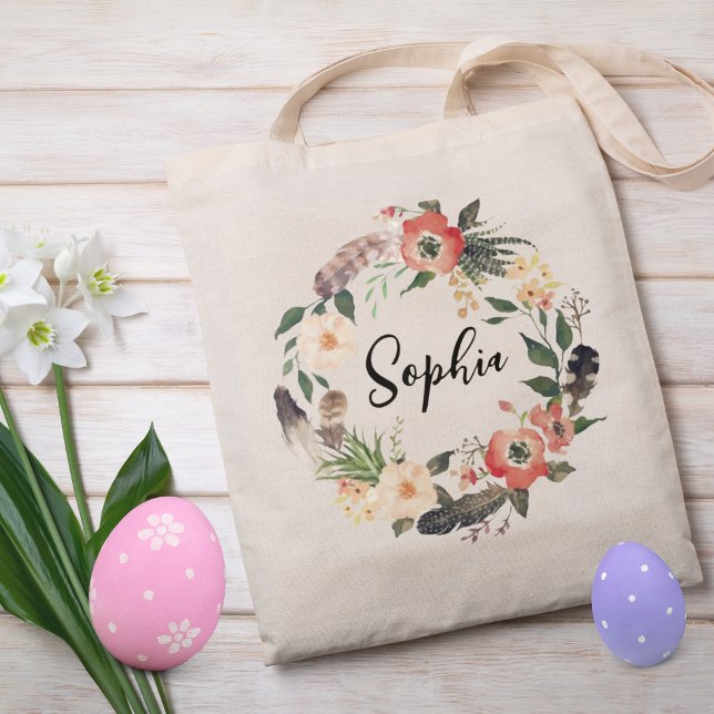 Tote Bag Guirlande florale personnalisée Chasse de Pâques E (Easter egg hunt tote bag for kids)
