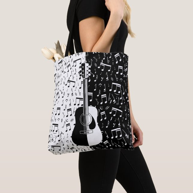 Tote Bag Guitare et note musicale contemporaine en noir et  (De près)