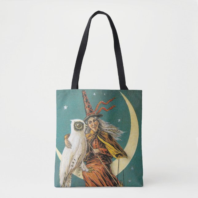 Tote Bag Halloween à l'ancienne, sorcière avec hibou (Devant)