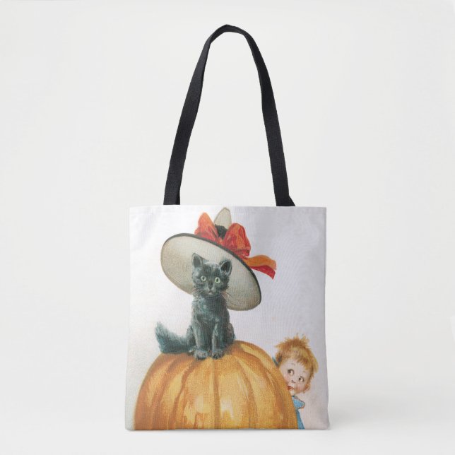 Tote Bag Halloween à l'ancienne, sorcière chat (Devant)