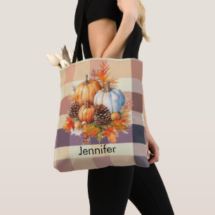 Tote Bag Halloween Brown Plaid Citrouille orange et blanc
