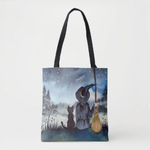 Tote Bag Halloween Chat noir et la Sorcière étoile nuit