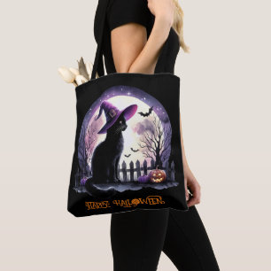 Tote Bag Halloween Chat Noir sorcière et chauves-souris