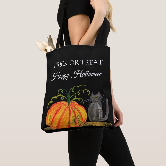 Tote Bag Halloween Cute Citrouille chat noir moderne (De près)