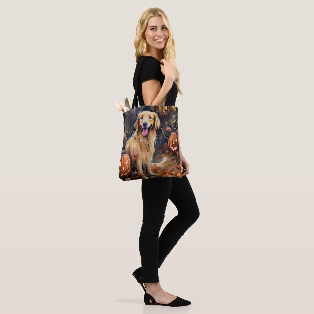 Tote Bag Halloween Golden Retriever avec la peur Citrouille (Sur le modèle)