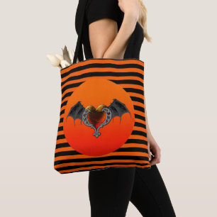 Tote Bag Halloween Goth Orange Heart & Bat Wings
