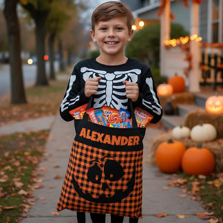 Tote Bag Halloween Jack-O-Lantern Orange & Black Plaid Name