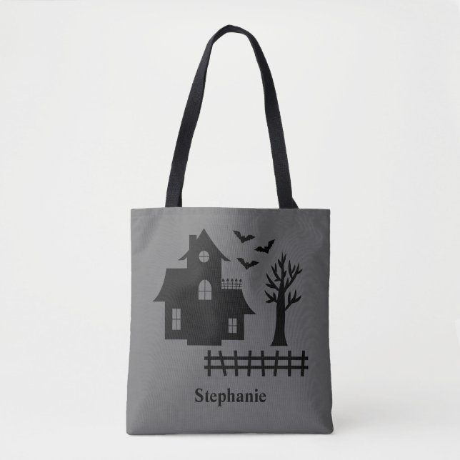 Tote Bag Halloween Maison Hantée Silhouette Et Nom Personna (Devant)