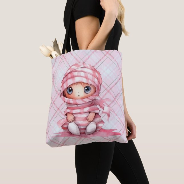 Tote Bag Halloween rose et blanc maman rose plaid (De près)