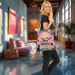 Tote Bag Halloween rose et noir avec chauves-souris et chat