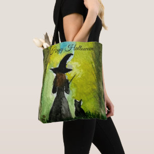 Tote Bag Halloween Sorcière Chat noir Aquarelle moderne