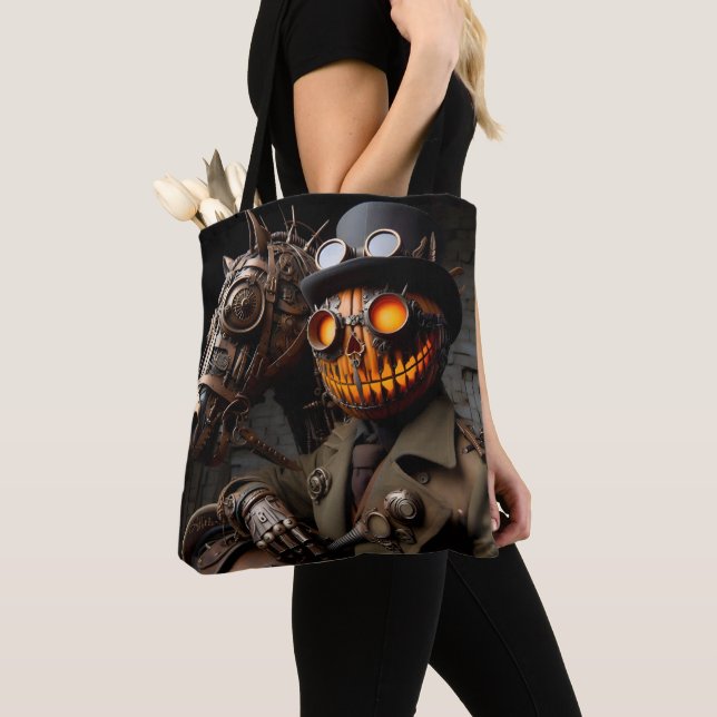 Tote Bag Halloween Steampunk Jack-O-Lantern Horseman (De près)