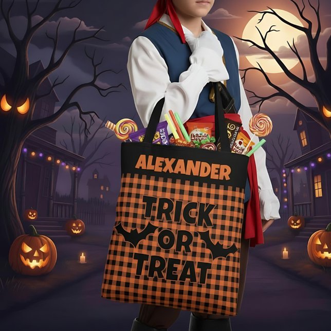 Tote Bag Halloween Trick or Treat Orange & Black Plaid Name (Créateur téléchargé)
