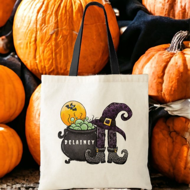 Tote Bag Halloween Trick ou Treat Witch Bat Cauldron person (Créateur téléchargé)
