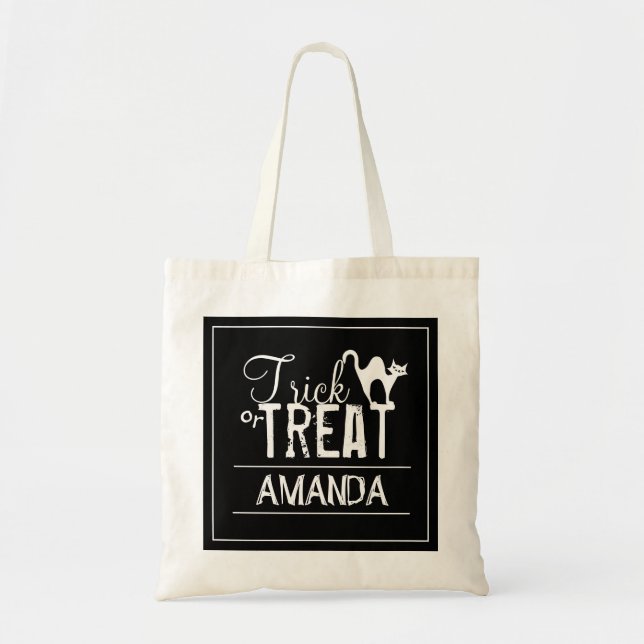 Tote Bag Halloween Tricoter Ou Traiter Éffrayant Chat Noir  (Devant)
