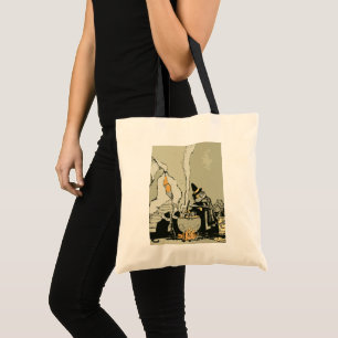 Tote Bag Halloween vintage, sorcière avec chaudron et chats
