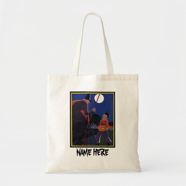 Tote Bag Halloween vintage, sorcière Déplaisante avec garço (Devant)