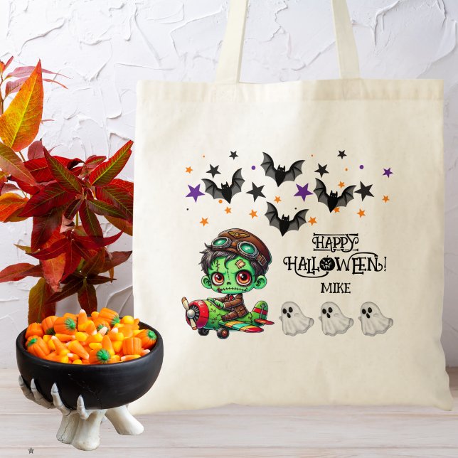 Tote Bag Halloween Whimsical Zombie Pilote Avion Enfants Ha (Créateur téléchargé)