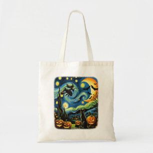 Tote Bag Halloween Witch Van Gogh Starry Night Black Cat Pu