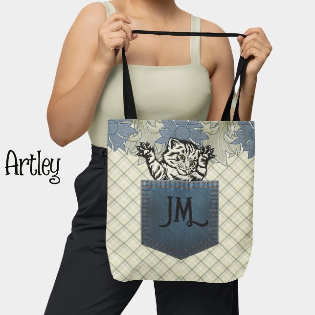 Tote Bag Happy Chat Bleu Floral Pays Plaid Jean Pocket (Créateur téléchargé)