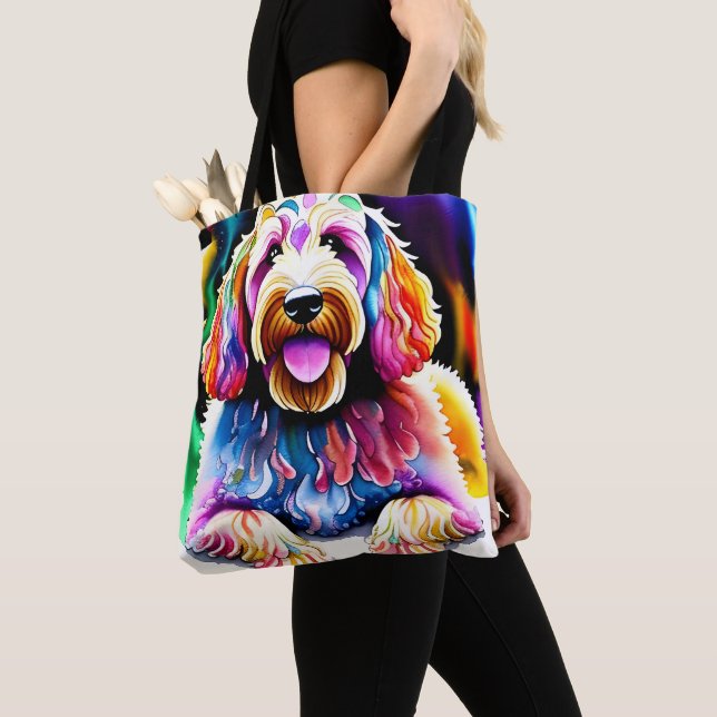 Tote Bag Happy Dog Goldendoodle Design d'aquarelle (De près)