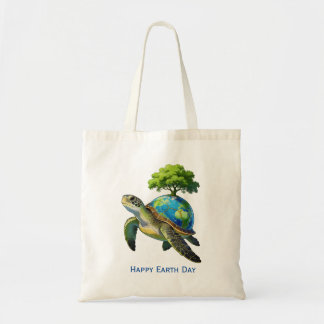 Tote Bag Happy Earth Day Turtle Planet and Tree