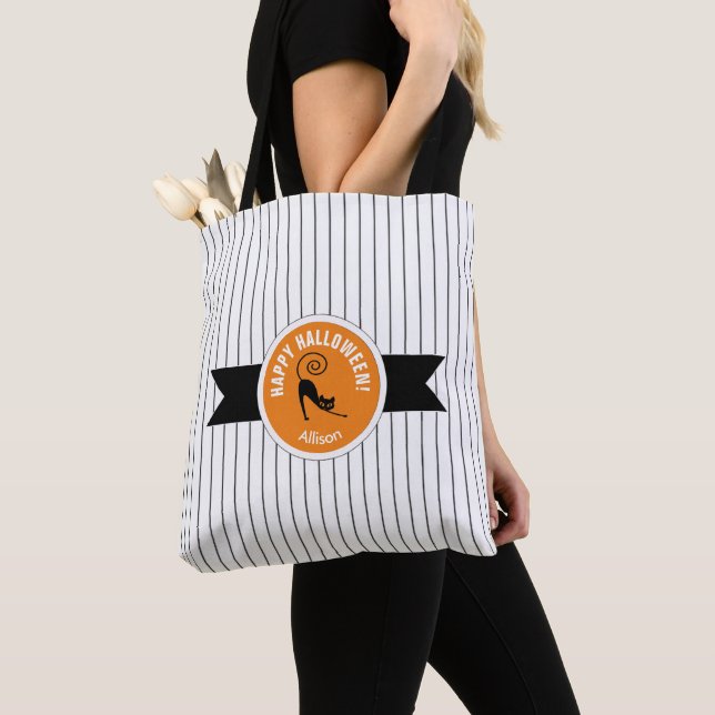 Tote Bag Happy Halloween Chat noir & Stripes ID686 (De près)