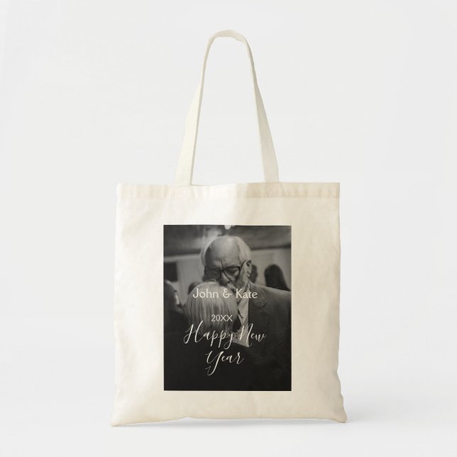 Tote Bag Happy new year couple photo name year black white  (Devant)