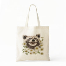 Tote Bag Happy raccoon in daisies