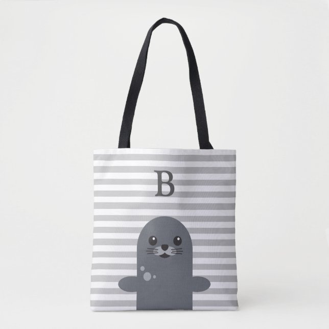 Tote Bag Happy Seal and Grey Stripes Monogramme (Devant)