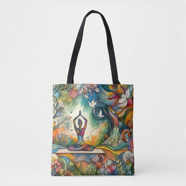 Tote Bag Harmony Woman pratique le yoga avec les oiseaux bl (Devant)