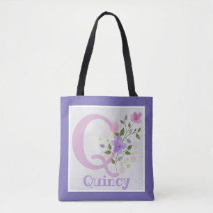 Tote Bag has First Initial Plus Name with Flowers