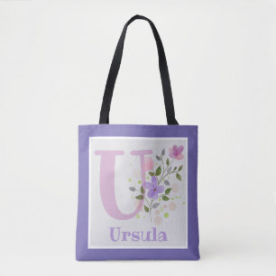 Tote Bag has First Initial Plus Name with Flowers