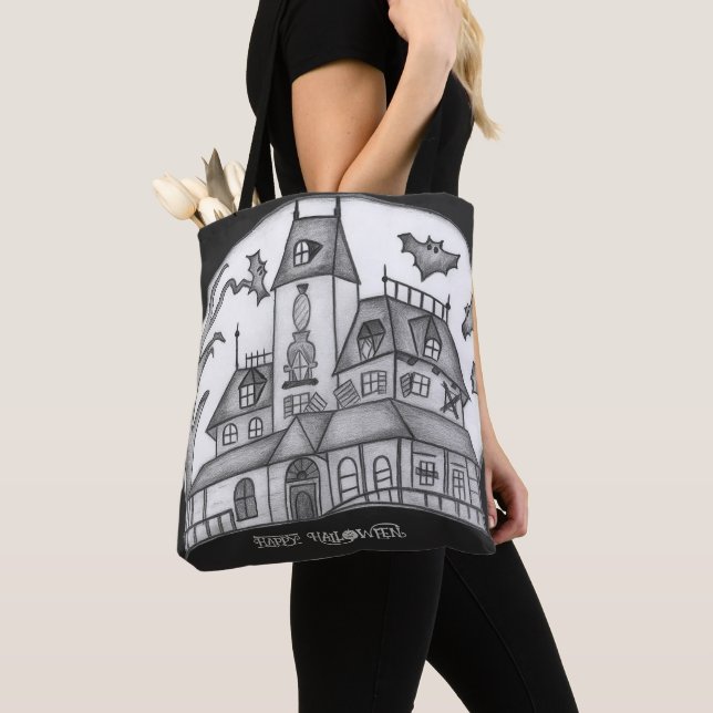 Tote Bag Haunted House and Bats Halloween (De près)