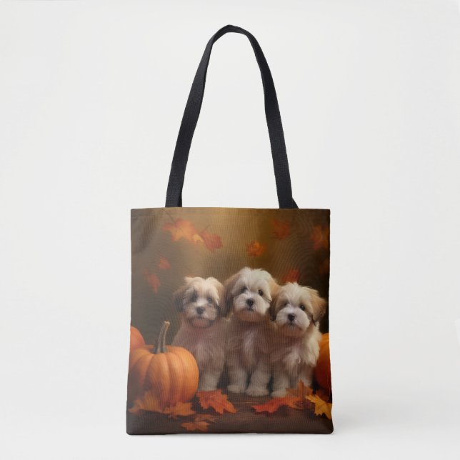 Tote Bag Havanais chiot automne ravi Citrouille (Devant)