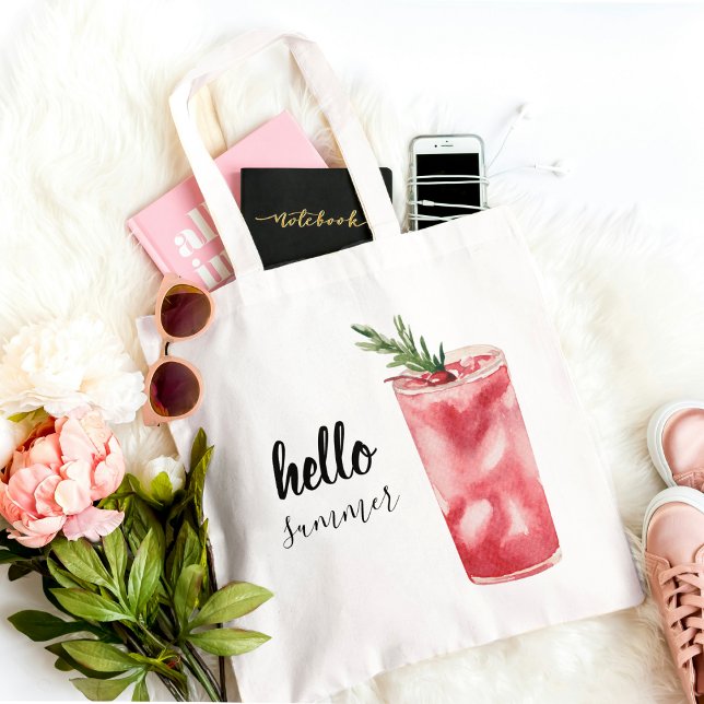 Tote Bag Hello Summer Watercolor Red Cherry Cocktail (Créateur téléchargé)