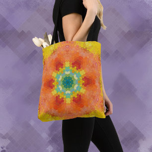 Tote Bag Hex Mandala orange jaune rouge et bleu
