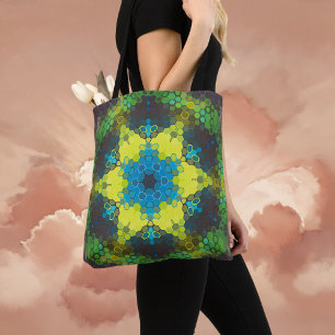 Tote Bag Hex Mandala vert jaune et bleu