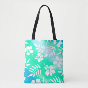 Tote Bag Hibiscus de style hawaïen vert et bleu Floral